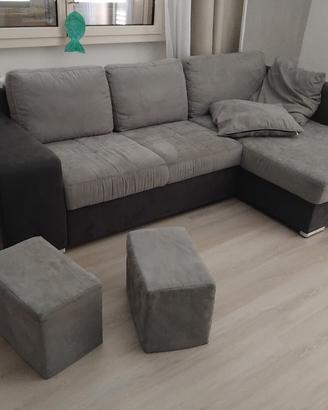 Divano letto angolare con penisola + 2 pouf
