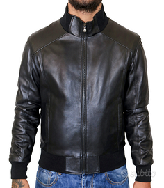 Giubbotto Bomber Uomo Vera Pelle Nero Giacca Slim
