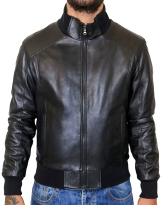 Giubbotto Bomber Uomo Vera Pelle Nero Giacca Slim
