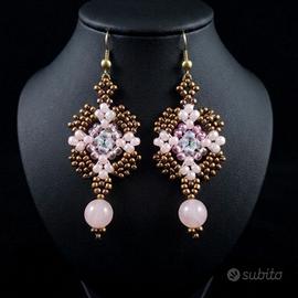 Orecchini artigianali croce pietre quarzo rosa