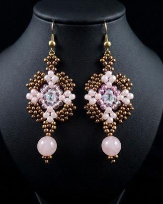 Orecchini artigianali croce pietre quarzo rosa