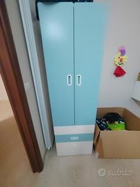 Armadio azzurro e bianco con ante e cassetti