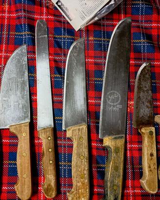 7 coltelli manico in legno da macellaio vintage