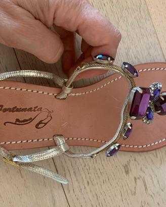 Infradito artigianali cuoio con svarovsky viola 37