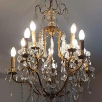 Lampadario d’epoca dorato & cristallo + 2 applique