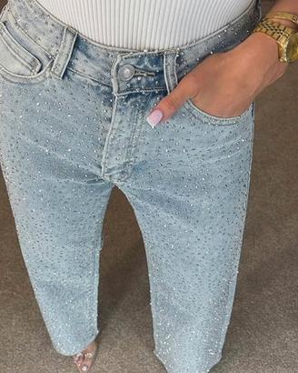 Jeans denim glitterati con strass