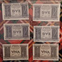 9 Banconote da una lira e due lire anni 40