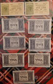 9 Banconote da una lira e due lire anni 40