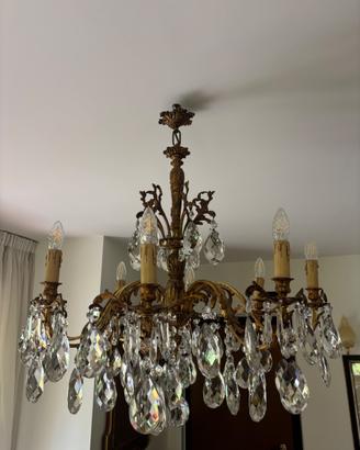 Lampadario vintage ottone e cristalli
