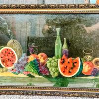 Quadro con natura morta e frutta dipinto a olio.