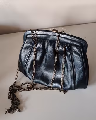 Borsetta sera vintage pelle nera con catena metall