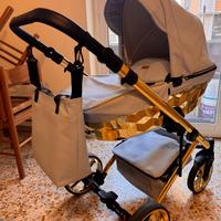 Trio carrozzina, ovetto e passeggino celeste oro