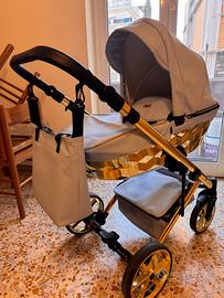 Trio carrozzina, ovetto e passeggino celeste oro