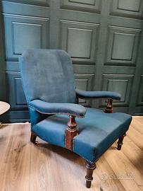 Poltrona antica aperta vittoriana in lino e mogano