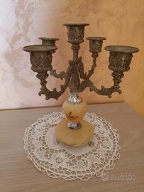 Vecchio candelabro a 5 in onice e peltro vintage 
