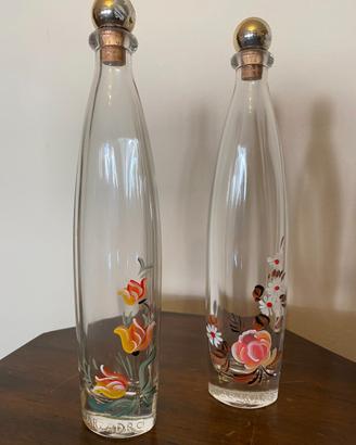 2Bottiglie di vetro grappa Marzadro dipinte a mano