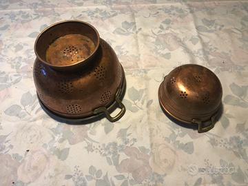 2 COLAPASTA SCOLAPASTA RAME BATTUTO VINTAGE MANICI