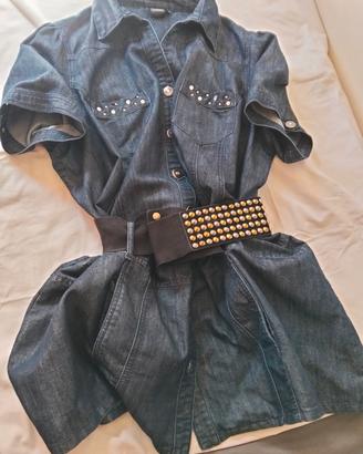 camiciaLunga stile ChemisierTessuto jeans strass