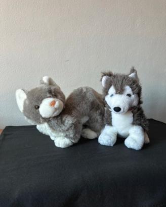 Coppia di peluche Husky e Gatto