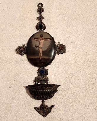 acquasantiera filigrana argento e porcellana dipin