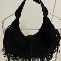 BORSA FRANGE PELLE SCAMOSCIATA NERA