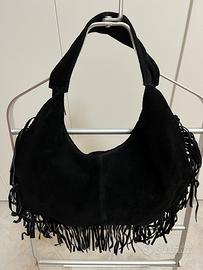 BORSA FRANGE PELLE SCAMOSCIATA NERA