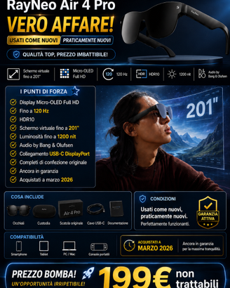 RayNeo Air 4 Pro Occhiali AR, Disp. HDR10, 201" !