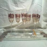 Servizio 6 flute e vassoio dipinti a mano