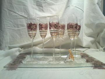 Servizio 6 flute e vassoio dipinti a mano