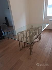 Tavolo cristallo e base dorata in legno