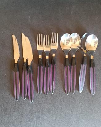 Set posate in acciaio manico viola nero vintage