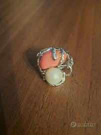anello argento regolabile  corallo e perla 