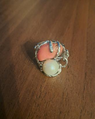 anello argento regolabile  corallo e perla 