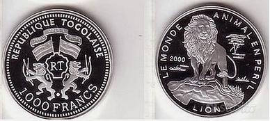 ARGENTO 999 _1000 francs LION TOGO 2000 proof FDC