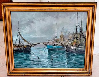 Quadro con barche dipinto a olio su tela firmato.