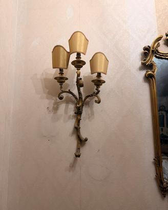 Coppia applique vintage a 3 luci dorate + paralumi