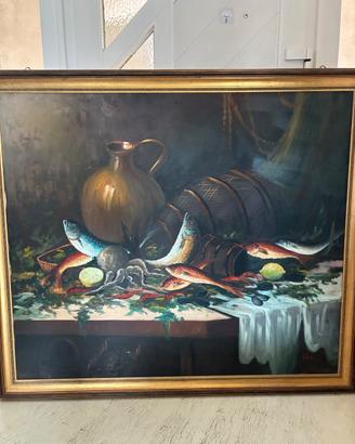 Quadro  a olio Natura morta con pesci e polpo