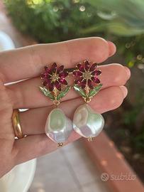 Orecchini Placcati Oro 18k Fiore e Perle Barocche