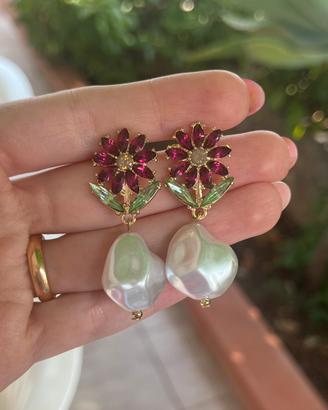 Orecchini Placcati Oro 18k Fiore e Perle Barocche