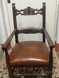 Sedia antica a Trono in Noce e Cuoio 
