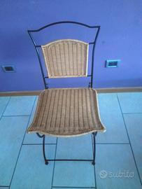 4 sedie in ferro battuto e midollino pieghevoli