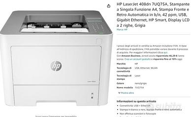 Stampante HP LaserJet 408dn 7UQ75A B/N Nuova!