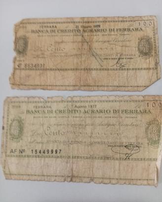 n. 2 carta moneta da 100 lire anno 1977