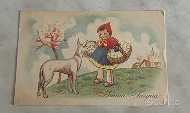 CARTOLINA BUONA PASQUA BAMBINA CON AGNELLO GALBATI