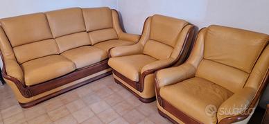 set divano e poltrone vera pelle e legno