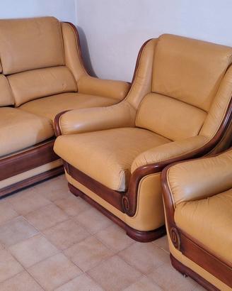 set divano e poltrone vera pelle e legno