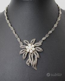 Stupenda collana Art Deco argento perle marcasite