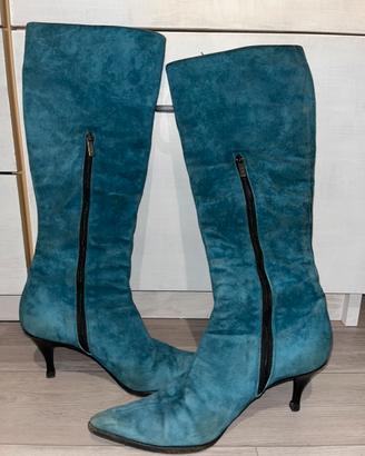 Eleganti Stivali Alti scamosciati Blu Petrolio