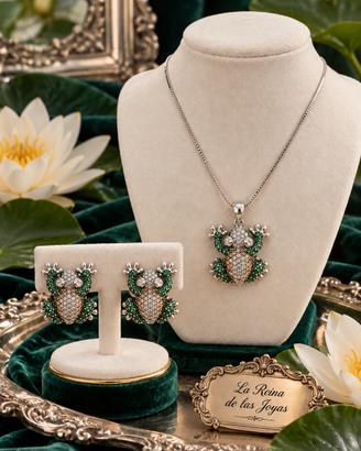 Parure collana orecchini argento 925 zirconi rana