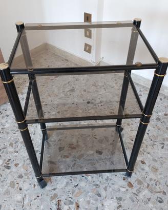 Carrello con ruote in metallo e ottone, vetri fumè